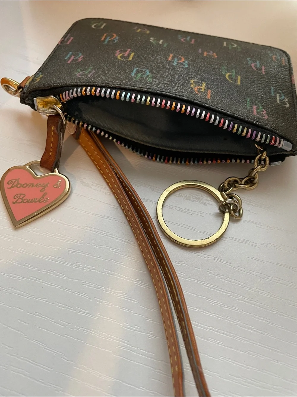 Dooney & Bourke Black Multicolor DB Logo Wristlet with Tan Strap